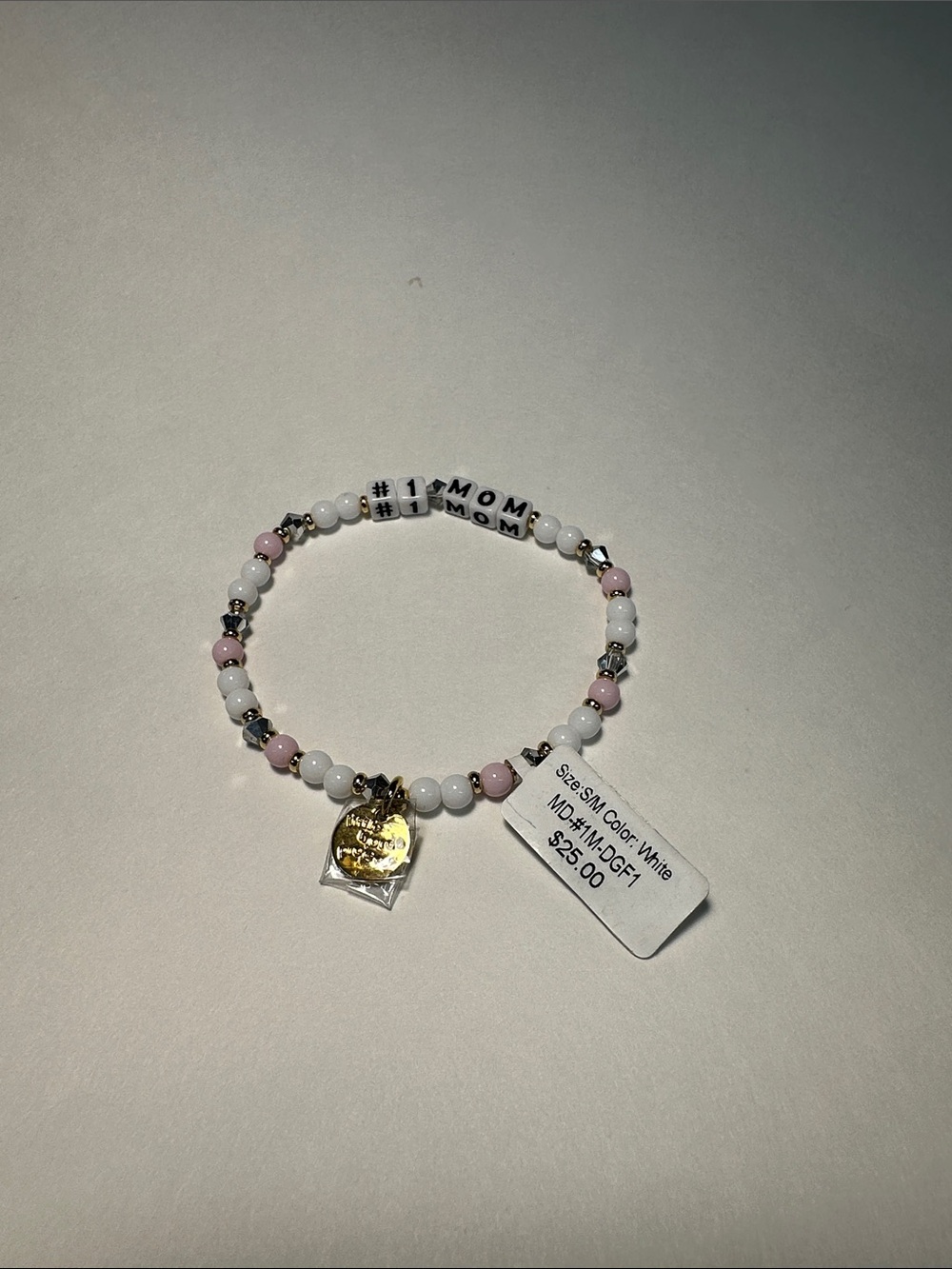 Little Words Project #1 MOM Beaded Stretch Bracelet in White & Pink size SM